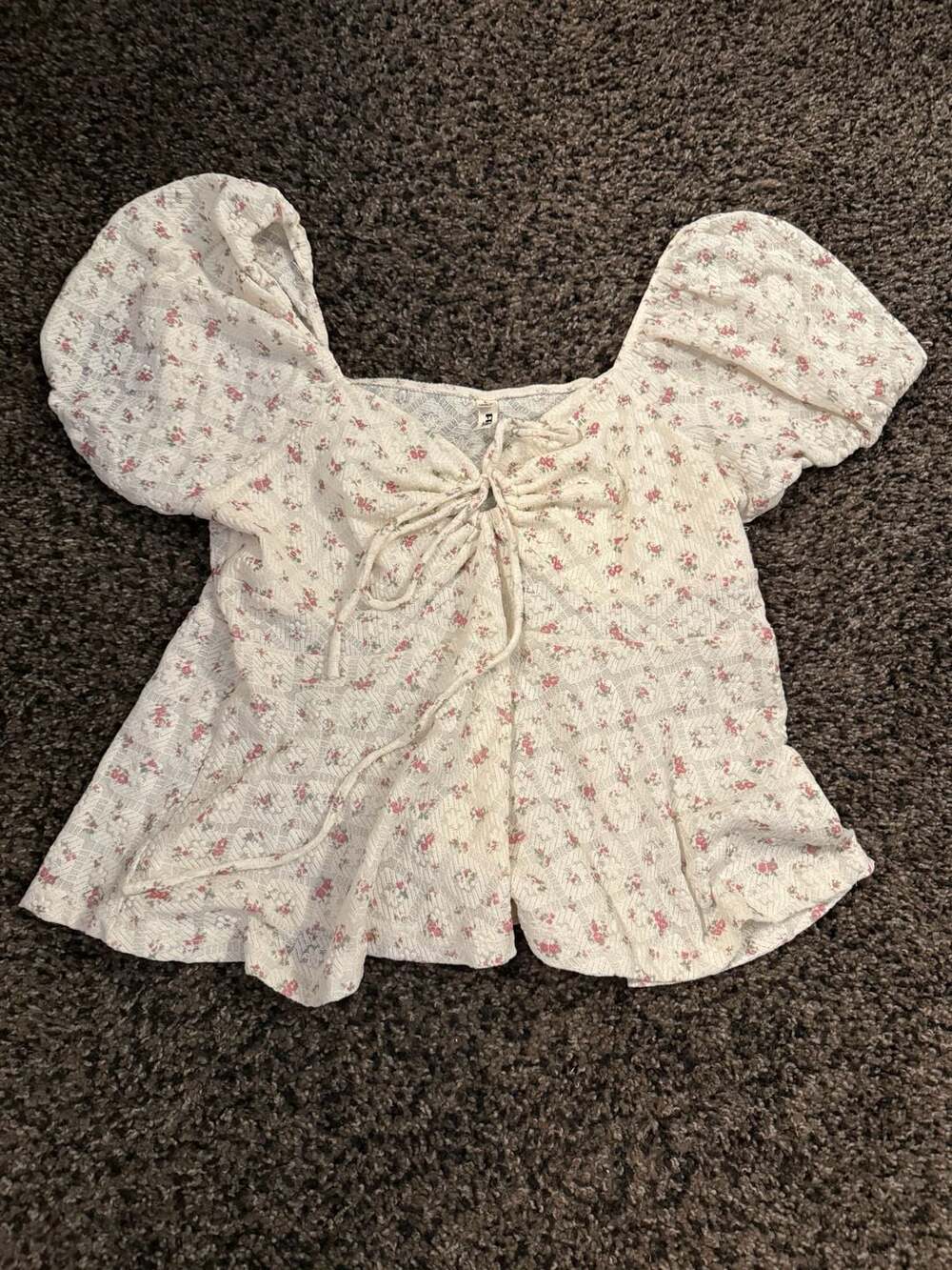 Feral Apparel Floral Lace Puff Sleeve Tie Front Peplum Top